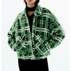 ZARA Green Plaid Shearling Jacket Size M Oversized Faux Fur Lined Coat Cozy